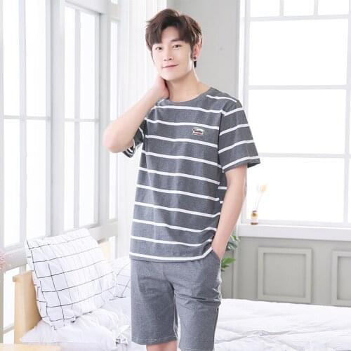 Dark Gray Stripes Men Pajamas Sets Summer New Knitted Cotton Short Sleeved Male Pyjamas For Men Sleepwear Suit Homewear Size 4XL