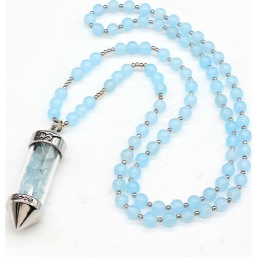 Trendy-beads Silver Plated Aquamarines Crystal Pendant Strand Beads Chain Necklace For Annviersary Jewelry