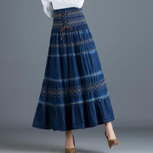 2019 New Spring Summer Woman Vintage High Waist Solid A Line Denim Long Pleated Skirt Elastic Waist Loose Lace Up Long Skirt