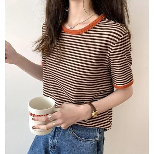 Vintage Japan Plus Size O Neck Short Sleeve Contrast Striped Tshirts Women Summer Bottom Tops Clothing Fashion Wild Tees Cotton