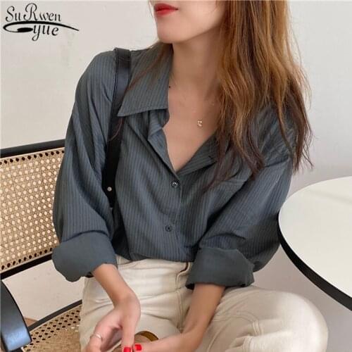 Vintage Shirt POLO Collar Fashion Striped Shirts Korean Autumn Retro Clothes Women Long Sleeve Blouse Office Lady Tops 11811