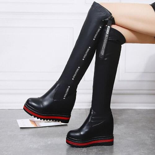 Womens Punk Hidden Wedge Heels Over Knee High Thigh Boots Stretchy Platform Shoes Black Zipper New 2021