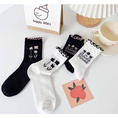 Women Cotton Ruffle Short Socks Flower Cute Lady Fashion Middle Tube Black Sock Casual Funny Harajuku Japanese College Style Sox