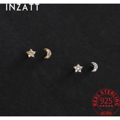 INZATT Real 925 Sterling Silver Zircon Moon Star Stud 14K Gold Earrings For Women Asymmetry Cute Fine Jewelry Drop shipping