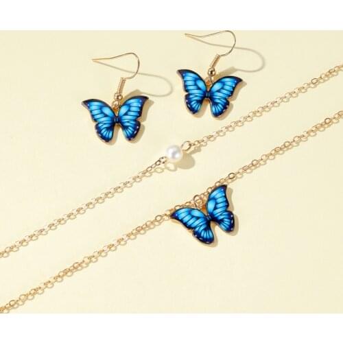 Punk Blue Butterfly Necklaces For Women Wedding Jewelrys Butterfly Double Chain Layers Chocker Necklace Wholesale