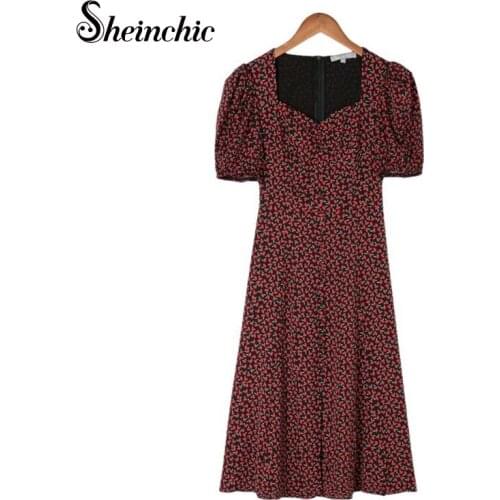 Runway Designers Dress Vintage Short Puff Sleeve Red Floral Printed Midi Dresses for Women Summer 2021