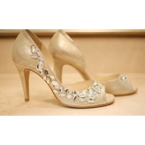 2018 Handmade Peep Toe Champagne Rhinestone wedding shoes for women Dress Sandals Party Evening Shoes Shoes size34 to 43