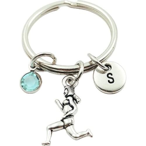 Runner Sport Initial Letter Monogram Birthstone Keychains Keyring Creative Fashion Jewelry Women Gifts Accessories Pendants