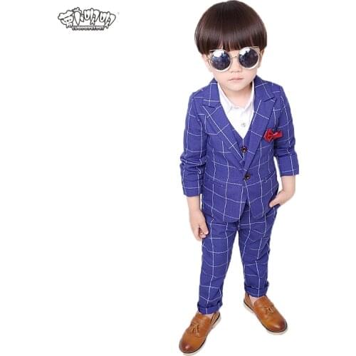 Flower Boys Brand Formal Suits for Weddings Boys Plaid Blazer Vest Pants 3pcs Tuxedo Kids Performance Party Clothing Sets N50