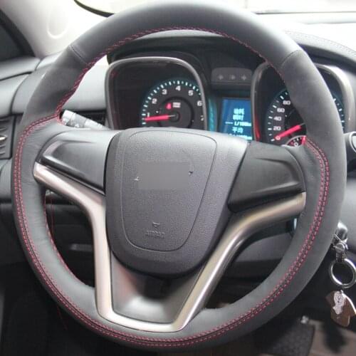 Black Genuine Leather Suede Hand-stitched Car Steering Wheel Cover for Chevrolet Malibu 2011-2014