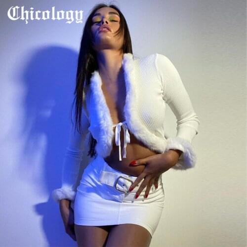 Chicology Women Autumn And Winter White Top 2021 Fur Collar Bandage Tie Hollow Out Fashion Crop Tank Long Sleeve Clothes