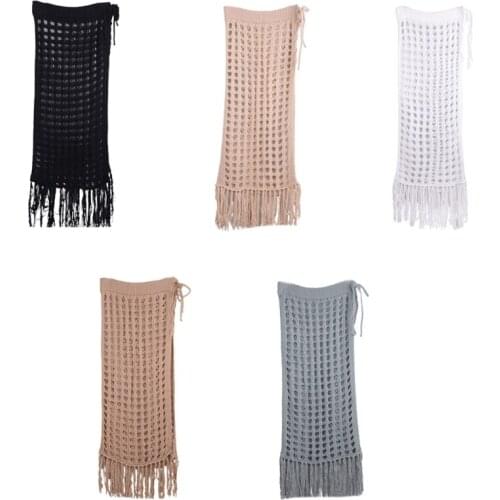 Women Summer Sexy Hollow Out Mesh Beach Midi Long Skirt Crochet Knitted Tassels Split Bikini Swimsuit Cover Up Sheer Wrap
