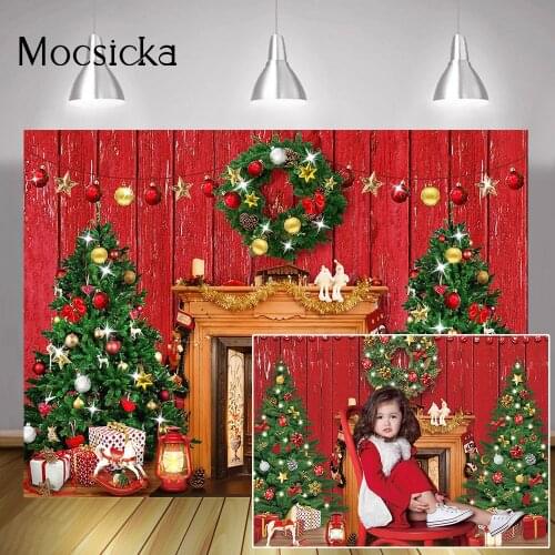 Rustic Red Christmas Portrait Photography Backdrop Vintage Fireplace Gift Christmas Trees Background Winter Birthday Party Decor