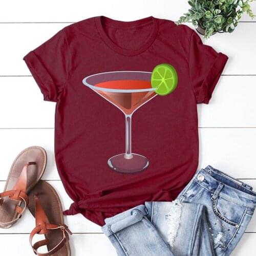 Cocktail Printing T Shirt Summer Women Short Sleeve Leisure Top Tee Casual Ladies Female T Shirts Woman Clothing TX8382