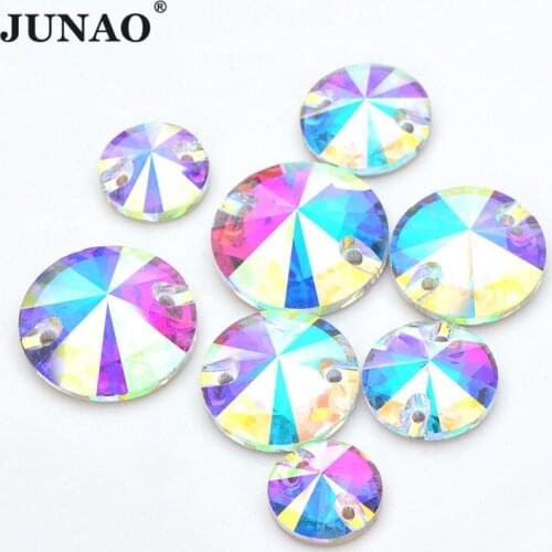 JUNAO 8 10 12 14 16 18 mm Crystal AB K9 Glass Rhinestones Round Rivoli Glass Crystal Decorations Sew on Stone for Art Crafts
