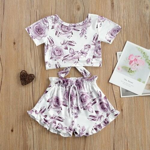 Summer 2 Pcs Set Infant Flower/Fruit Print Outfits Baby Girl Short Sleeve Round Neck Bowknot T-shirt + Ruffle Drawstring Shorts