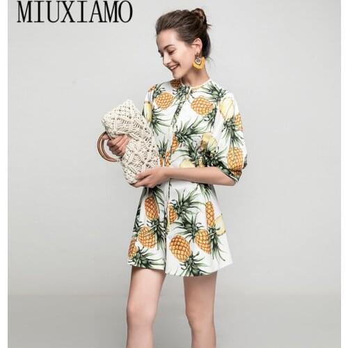MIUXIMAO 2021 Spring Summer Mini Dress Beach New Fashion Party Sexy Single Breasted Pineapple Print Elegant Shirt Dresses Women