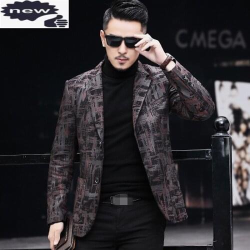 Brand Real Leather Men Fashion Office Single Breasted Sheepskin Blazer Casual Printed Suit Jacket Plus Size 4XL
