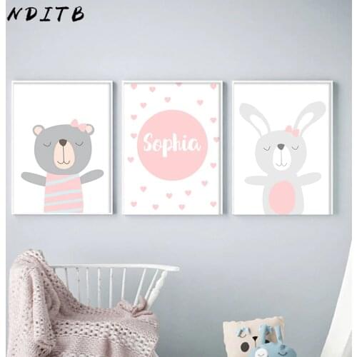 NDITB Cartoon Animal Canvas Painting Nursery Prints Personal Name Custom Poster Wall Picture Nordic Baby Girl Room Decoration