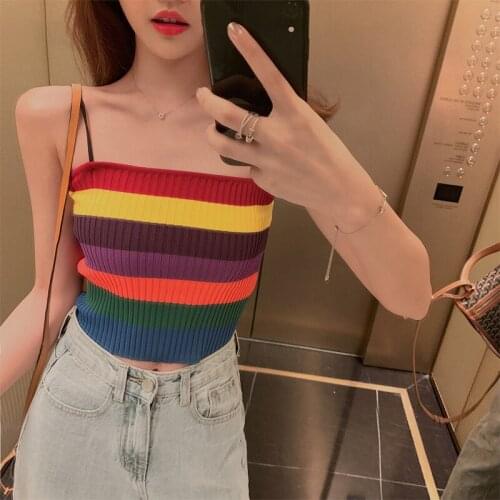 New Fashion Slim Knitted Rainbow Vest Sweater Sling Bottoming Shirt Womens Tops