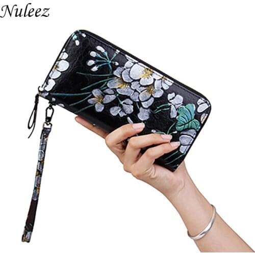 Nuleez Wallet Women Genuine Leather Cowhide Hand Engraving Delicate Floral Long Purse Best Gift 2021 New