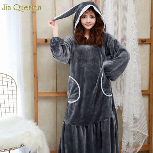 Sleep Dress Girls Night Gown Flannel Winter Homewear Long Nightgown Grey Kawaii Rabbit Hooded Sleeping Dress Student Nightgown