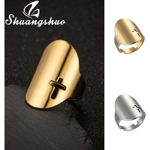 Shuangshuo Stainless Steel Geometric Hollow Cross Rings for Women Men Minimalist Adjustable Finger Rings Chrsitmas Jewelry Gift