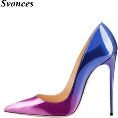 Svonces Gradient Blue Purple Patent Leather High Heels Women Shoes 12cm Party Shoes Plus Size 13 Plain Pointed Toe Ladies Pumps