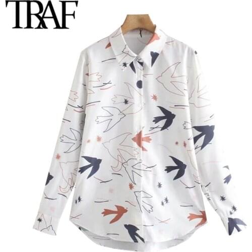 TRAF Women Fashion Animal Print Loose Blouses Vintage Long Sleeve Button-up Female Shirts Blusas Chic Tops