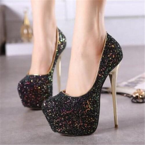 Women pumps Flock Sequined Cloth Slip On 16CM Thin Heels High heels Round Toe Bling waterproof Shallow woman pumps size 35-42