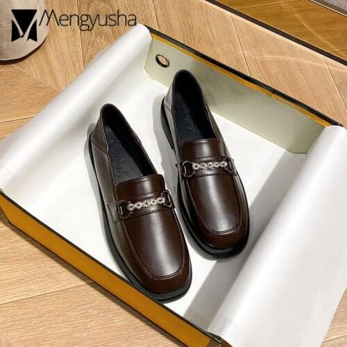 Crystal chains small leather shoes woman British two ways wear oxford shoes female square toe rubber moccasins big size 43 mules