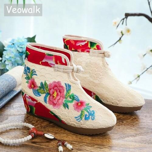 Veowalk Summer Cotton Flower Embroidered Women Short Ankle Lace Boots Brathable Ladies Hidden Wedges Platform Shoes Zapato Mujer