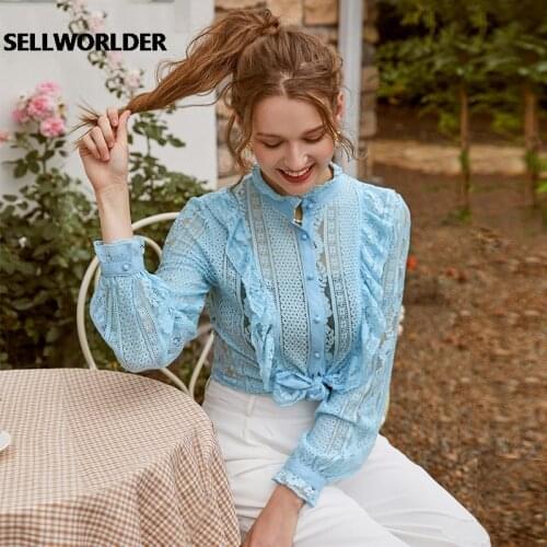 Sexy Stand Collar Lace Women Blouse Shirt Long Sleeve Hollow out Ruffle Female Top Blouse High Street Style Ladies Shirt