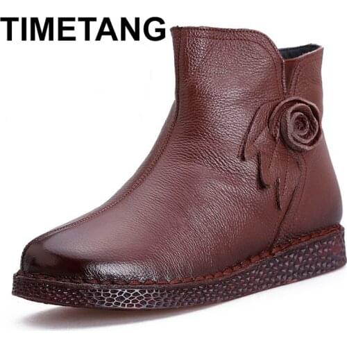 TIMETANG 2020 Women Snow Boots Winter Flat Heels Ankle Boots Women Warm Platform Shoes Thick Leather Fur Booties With Flower