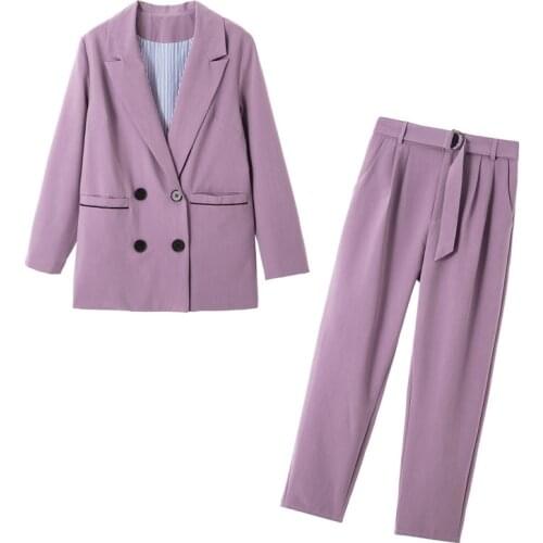 Women Spring Autumn Office Lady 2 Two Piece Set Double Breasted Blazer Coat with High Waist Suits Pants