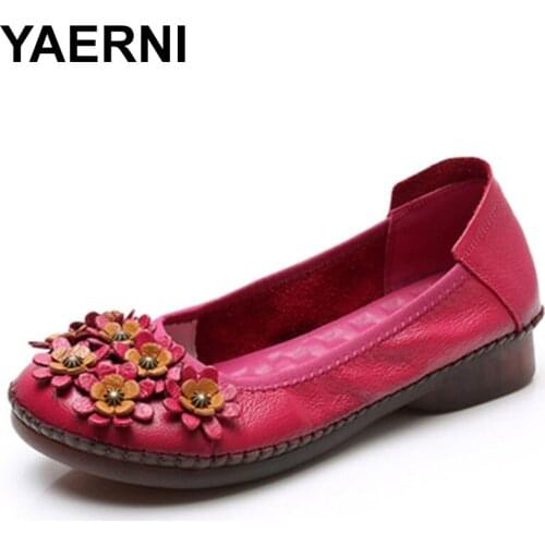 YAERNI 2020 Women Flats Autumn Genuine Leather Handmade Comfortable Flower Shoes Woman Loafers Soft Leather Shoes