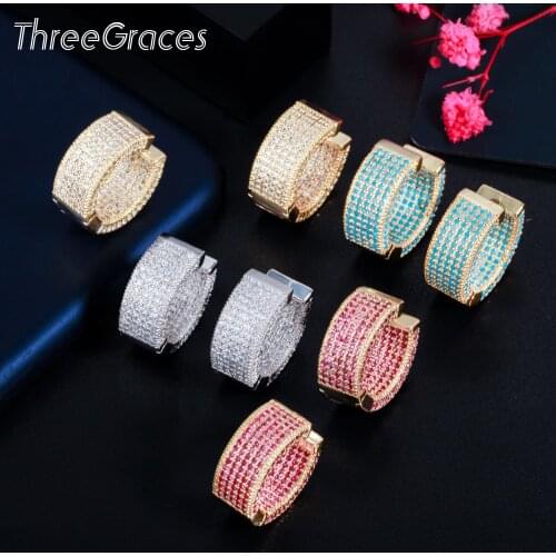 ThreeGraces New Trendy Mirco Pave Blue Red Cubic Zirconia Gold Color Simple Cute Hoop Earrings for Women Summer Jewelry ER632