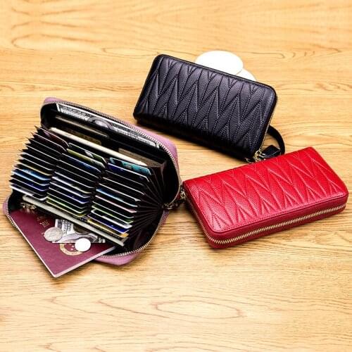 New RFID Women Long Wallet RFID Blocking Card Holders Travel Passport Purses First Cow Leather Fashion Storage Bags Hand Strap