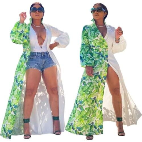 Echoine Fashion Lantern Sleeve Double-breasted Cloak Coat Long Casual Print Stitching Women Blazers