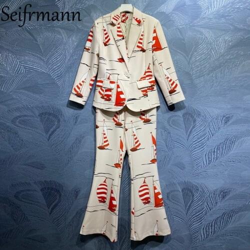 Seifrmann New 2021 Summer Women Fashion Runway Pants Set Long Sleeve Print Jacket + High Waist Wide Leg Pants 2 Two Pieces Suits