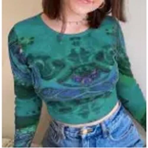 Y2K 2021 Women Sexy Crop Tops Adults Printed Long Sleeve Round Neck Pullover (Blue, Yellow, Brown, Red)