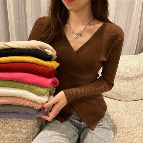 Women Knitted Sweater Sexy V-neck Slim Long Sleeve Spring 2021 New Winter Pullover Sweater 11 Colors Vintage Sweater Tops M22C