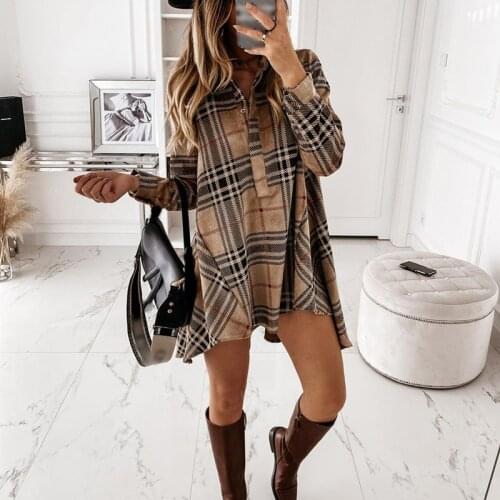 Plaid Colorblock Womens Mini Dress Check Turn-Down Collar Long Sleeve Buttons Streetwear Loose Casual Ladies Dresses Autumn
