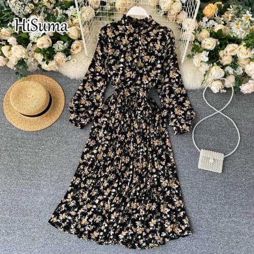 2020 autumn new women flower print chic stand collar puff sleeve waist chiffon pleated dress female vintage elegant dresses