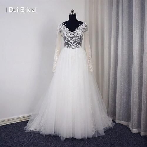 Vestido De Novia V Neck Long Sleeve Wedding Dress Romantic Tulle Lace Illusion Corset High Quality