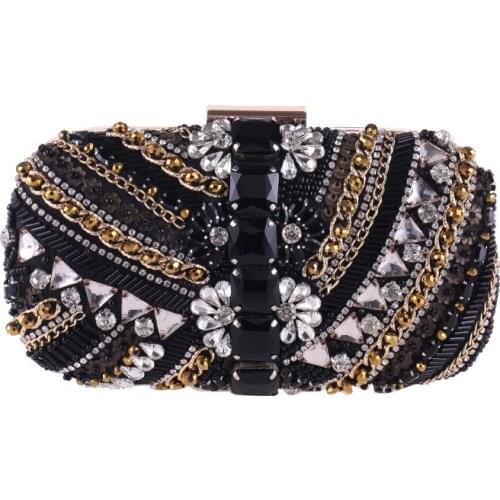 Womens handmade beaded evening dress banquet black bag ladys diamond one shoulder crossbody clutches bag for cocktail party