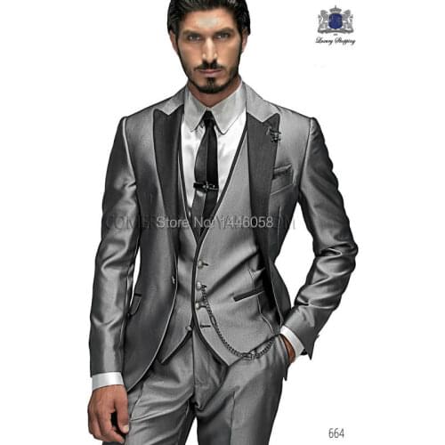 2017 Custom Made Groom Tuxedo Silver Suit Peaked Lapel Best man Groomsman Men Wedding/Prom Suits Bridegroom Jacket+Pant+Vest+Tie