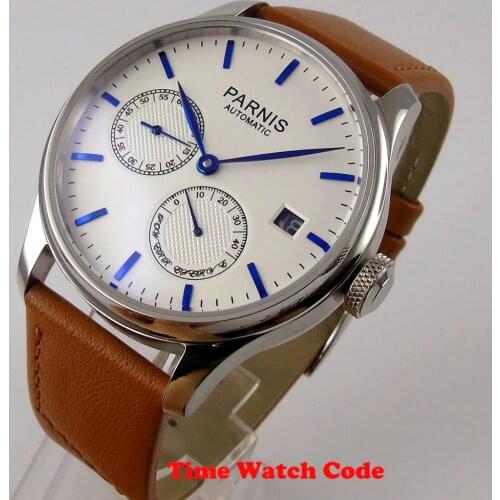 43mm PARNIS Automatic Mens Watch ST 2530 Movement White dial Power Reserve blue hands marks date window brown leather strap