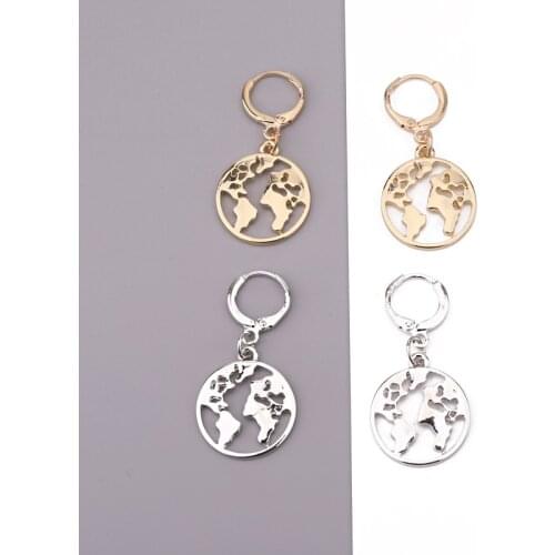 1Pair Personality Creative Hollow Earth Map Hoop Earrings Women Unique Gold Metal Color Round Pendant Circle Earrings Jewelry