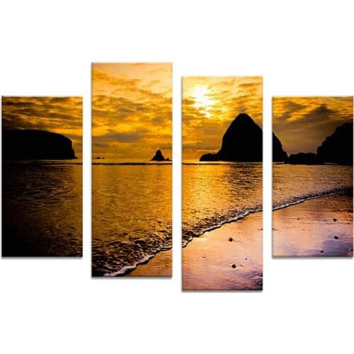 Hot Sells 4 Panels golden sea sunset Painting Canvas Wall Art Picture Home Decoration modern art Living Room Print On Canvas